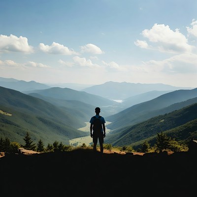 Silhouette man overlooking mountain valley