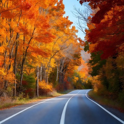 Autumn Forest Road with Orange Trees