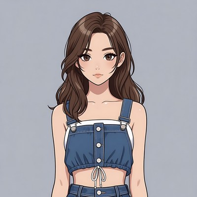 Anime girl in denim overalls