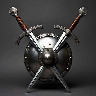 Crossed Swords Behind Medieval Shield