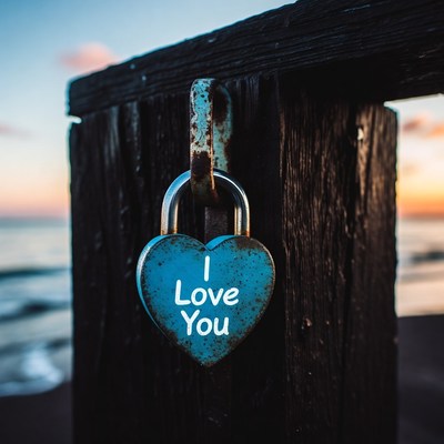 I Love You Heart Lock on Wooden Post