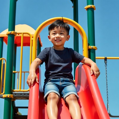 Asian boy sliding down playground slide