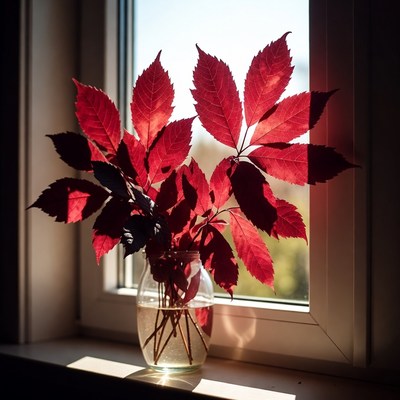 Red Autumn Leaves in Glass Vase