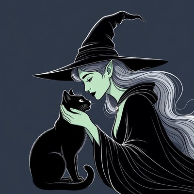 Witch petting black cat