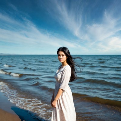 Asian woman in white dress at beach