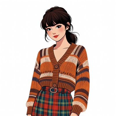 Asian woman in orange cardigan plaid skirt
