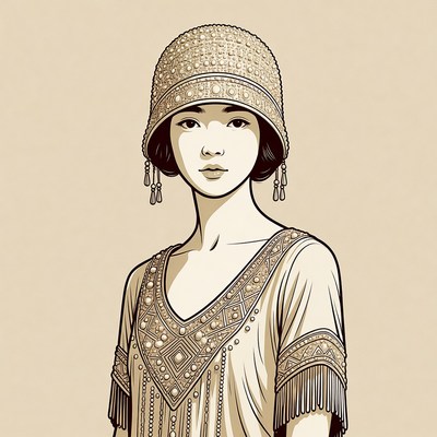 Asian woman in 1920s flapper hat