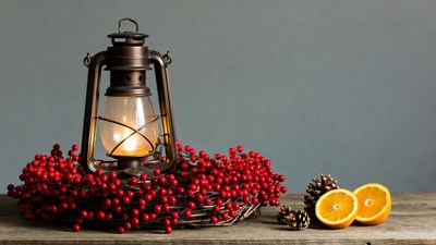 Lit Lantern with Holly Wreath and Oranges