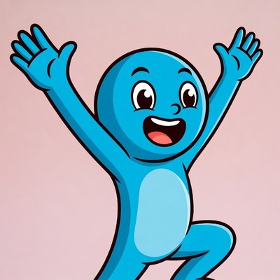 Blue cartoon character raising arms happily
