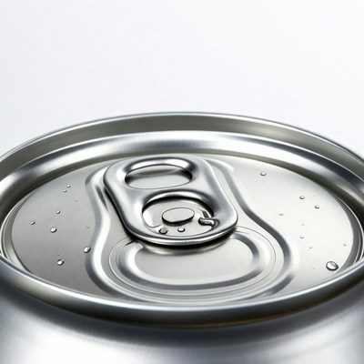 Open silver soda can with water droplets