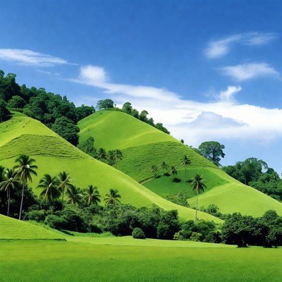 Lush Green Hills with Palm Trees