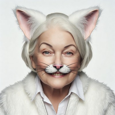 Elderly woman in white cat costume