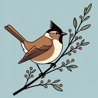 Crested Tit Bird on Berry Branch