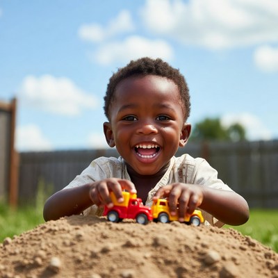 Happy African-American boy playing with toy trucks