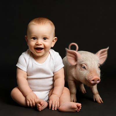 Baby smiling with pink piglet