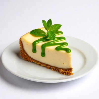 Cheesecake slice with green drizzle