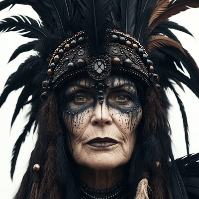 Elderly woman in tribal feather headdress
