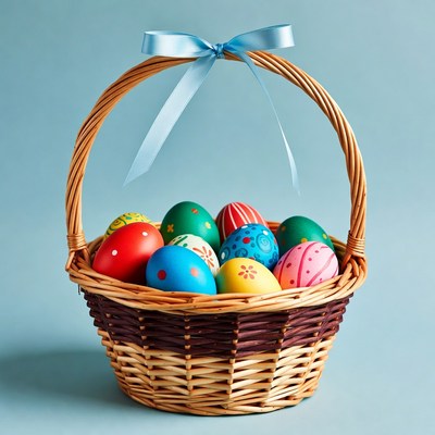Easter basket with colorful painted eggs
