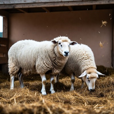 Two white sheep eating hay