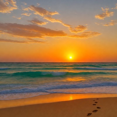 Footprints in sand at sunset beach