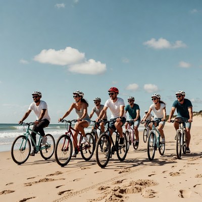 Group cycling on sunny beach