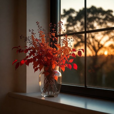 Red Autumn Branches in Glass Vase by Window