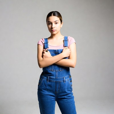 Latina girl in blue overalls arms crossed