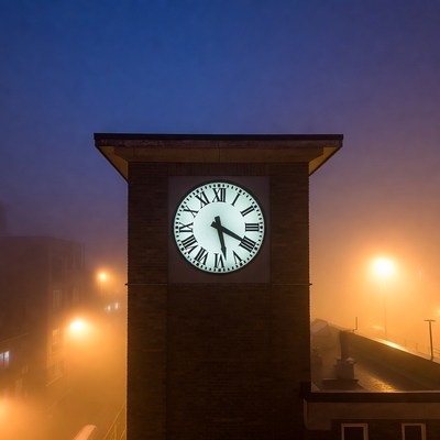 Clock Tower in Foggy Night