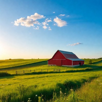 Red Barn in Green Rolling Hills