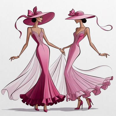 Two Elegant Women in Pink Gowns and Hats