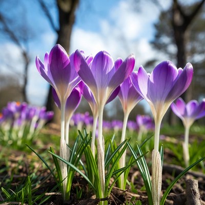 Purple crocuses blooming in grass