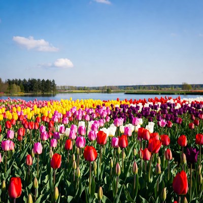 Colorful Tulip Fields by Lake