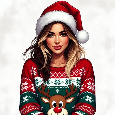 Woman in Santa hat with reindeer sweater
