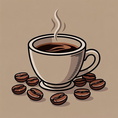 Steaming Coffee Cup with Beans