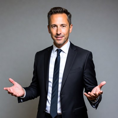 Smiling man in suit with open hands