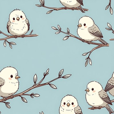 Cute white birds on branches