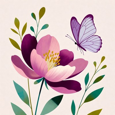 Purple Flower with Butterfly Illustration