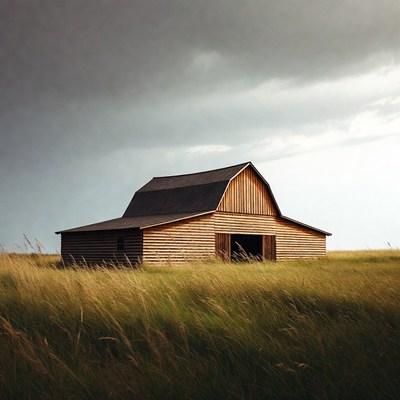 Wooden Barn in Grassy Field
