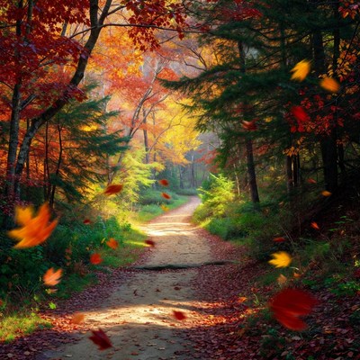 Autumn Forest Path with Falling Leaves