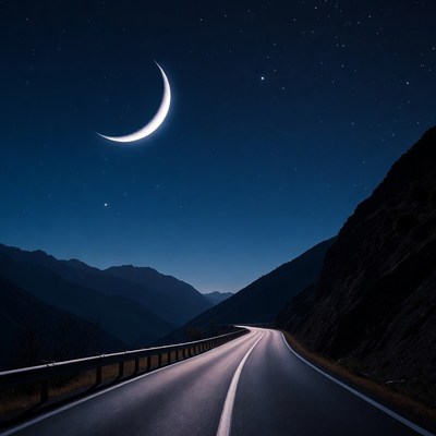 Crescent Moon Over Mountain Road Night
