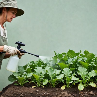 Woman spraying plants with sprayer