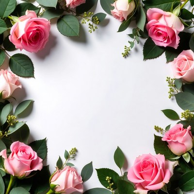 Pink Roses Border on White Background