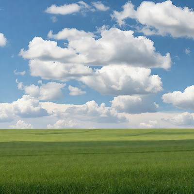 Green field under blue cloudy sky