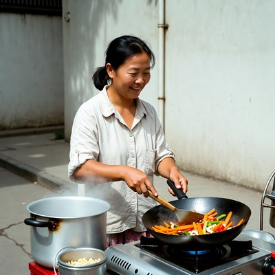 Asian woman stir-frying vegetables outdoors