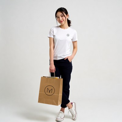 Asian woman holding brown shopping bag