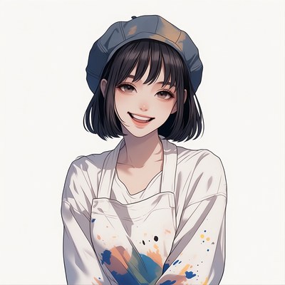 Anime girl smiling in paint-splattered apron