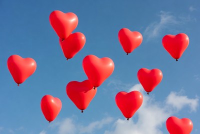 Red heart balloons floating in sky