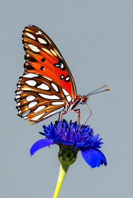 Orange butterfly on blue cornflower