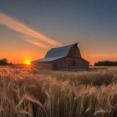 Barn in wheat field at sunset
