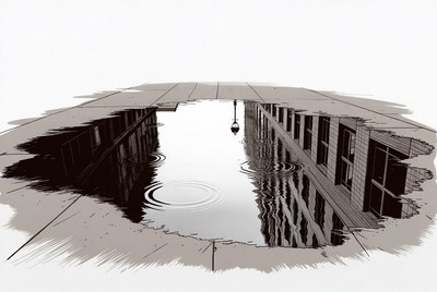 Puddle Reflecting Narrow Street